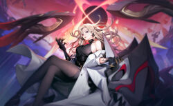  arena_of_valor bird blonde_hair blue_eyes breasts coat coat_partially_removed crossed_legs crow heterochromia lab_coat lauriel_(arena_of_valor) lipstick long_hair looking_at_viewer makeup mole mole_on_breast official_art open_clothes open_coat pantyhose red_eyes sideboob sitting 