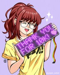  1girl black-framed_eyewear breasts closed_eyes commentary donna_bright english_commentary glasses high_ponytail holding holding_sign jose_salot large_breasts led_signboard milestone_celebration open_mouth original ponytail red_hair ribbon_cable shirt sign smile solo sparkle t-shirt thank_you twitter_username yellow_shirt 