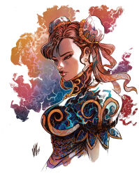  1girl 2023 artist_logo black_hair blue_background bun_cover chinese_clothes chun-li colorful_background cropped_torso dated double_bun dress hair_bun highres logo qipao red_background short_hair solo street_fighter upper_body vinartwork white_background 