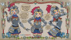  1girl armor basedbinkie belt blonde_hair blue_eyes blue_hair blunt_bangs blush border chivalry_starved commentary couter cowboy_shot cuirass cuisses english_commentary familiar_lands faulds flayne_(basedbinkie) flirting gauntlets hands_on_own_hips helm helmet highres looking_at_viewer multicolored_hair one_eye_closed open_mouth ornate_border pauldrons rerebrace short_hair shoulder_armor skirt smile speech_bubble teeth two-tone_hair upper_teeth_only vambraces zettai_ryouiki 