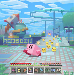  baby_animal bandana_waddle_dee bird character_request chick chicken_(minecraft) clouds day gameplay_mechanics health_bar heart highres kirby kirby_(series) kirby_air_ride kirby_and_the_forgotten_land lamppost maxim_tomato minecraft minecraft_(style) no_humans number_pun outdoors patch_(kirby_air_ride) pavement revision starman_(kirby) suyasuyabi wondog wondy 