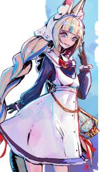  1girl absurdres ahoge anchor_ornament animal_ear_fluff animal_ears apron arm_behind_back black_gloves blonde_hair blue_dress blue_eyes blue_hair blue_streaks blunt_bangs bonnet boutsoftheblind bow bowtie braid cat_ears commentary dress fins fish_girl fish_tail gloves grin hand_up highres indie_virtual_youtuber kerosene_lamp long_hair long_sleeves looking_at_viewer maid_apron multicolored_hair multicolored_outline pink_lips red_bow red_bowtie sameko_saba sameko_saba_(lighthouse_maid) sidelocks signature smile solo streaked_hair tail very_long_hair virtual_youtuber white_apron white_bonnet 
