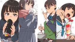  2026 4girls aonori_misuji apron black_hair blush bun_(food) chocolate chocolate_on_hand clothing_request commentary_request cooking eating empty_eyes food food_on_hand fruit glasses green_apron hair_over_shoulder highres holding holding_bun holding_food holding_spoon long_hair long_sleeves looking_at_food looking_at_viewer looking_down looking_to_the_side looking_up makizushi multiple_girls open_mouth original parfait red_scarf scarf school_uniform serafuku short_hair simple_background spoon steam strawberry strawberry_parfait sushi twintails white_background 
