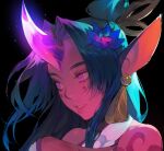  1girl absurdres black_background blue_flower earrings flower from_side glowing_horns green_hair hair_flower hair_ornament highres horns jewelry league_of_legends long_hair parted_bangs pink_eyes pointy_ears portrait potatohell shoulder_tattoo simple_background single_horn solo soraka_(league_of_legends) spirit_blossom_soraka tattoo teeth 