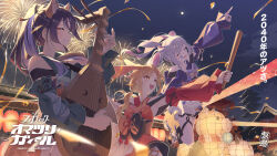  3girls absurdres aerial_fireworks animal_ears auklet5580 blue_kimono blue_nails blush brown_eyes cho_kaguya-hime! closed_eyes commentary detached_sleeves festival fireworks fox_ears fox_girl fox_tail fushi_(cho_kaguya-hime!) hair_ornament highres holding holding_stick instrument inudoge japanese_clothes kaguya_(cho_kaguya-hime!) kaguya_(fanatic_omatsuri_girl)_(cho_kaguya-hime!) kaguya_(tsukuyomi)_(cho_kaguya-hime!) kimono lantern long_hair multiple_girls nail_polish night open_mouth pointing ponytail purple_hair rabbit_ears rabbit_girl red_kimono runami_yachiyo runami_yachiyo_(fanatic_omatsuri_girl) runami_yachiyo_(tsukuyomi) sakayori_iroha sakayori_iroha_(fanatic_omatsuri_girl) sakayori_iroha_(tsukuyomi) smile stick summer_festival tail 