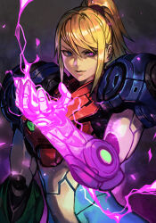  1girl arm_cannon blonde_hair blue_eyes glowing glowing_eye glowing_eyes hankuri metroid metroid_ravenous mole mole_under_mouth ponytail power_suit_(metroid) purple_aura ravenous_suit samus_aran solo swept_bangs upper_body weapon 