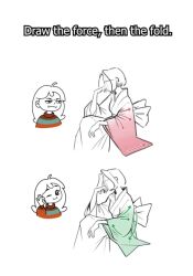 2girls arrow_(symbol) commentary coralkateart cropped_shoulders english_text head_rest highres how_to japanese_clothes kimono long_hair multiple_girls ok_sign one_eye_closed original partially_colored smile striped_clothes striped_sweater sweater untranslatable_commentary white_background 