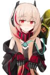  1girl absurdres bare_shoulders black_jacket closed_mouth commission dinergate_(girls&#039;_frontline) gamryous girls_frontline hair_between_eyes highres hood hood_down hooded_jacket jacket light_brown_hair looking_at_viewer m4_sopmod_ii_(girls&#039;_frontline) m4_sopmod_ii_(mod3)_(girls&#039;_frontline) mouth_hold multicolored_hair off_shoulder open_clothes open_jacket red_eyes redhead simple_background streaked_hair upper_body white_background 