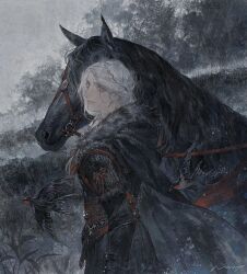  1girl bird braid brown_corset cape ciri corset fur_collar green_eyes horse leather leather_pants long_hair looking_at_viewer naux pants scar scar_across_eye scar_on_cheek scar_on_face single_braid the_witcher_(series) white_hair 
