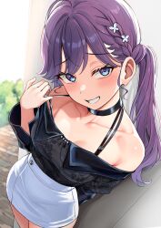  1girl ahoge arm_behind_back bags_under_eyes bare_shoulders black_choker blue_eyes blush braid butterfly_hair_ornament choker collarbone commentary_request from_above gakuen_idolmaster grin hair_ornament highres idolmaster kaya_rinha long_hair looking_at_viewer purple_hair shiitake_taishi skirt smile solo standing strap_pull twintails twintails_with_hair_base white_skirt 