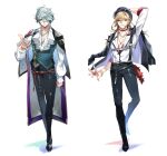  2boys alhaitham_(genshin_impact) ankle_boots aqua_vest ariadne_(ensemble_stars!) beckoning belt black_belt black_capelet black_choker black_footwear black_headwear black_jacket black_nails black_pants blonde_hair boots bracelet cape capelet center_frills chest_strap choker closed_mouth cosplay earrings ensemble_stars! expressionless fedora frills full_body genshin_impact green_eyes grey_hair hair_between_eyes hair_over_one_eye hand_on_headwear hasumi_keito hasumi_keito_(cosplay) hat highres himeru_(ensemble_stars!) himeru_(ensemble_stars!)_(cosplay) jacket jacket_on_shoulders jewelry kaveh_(genshin_impact) lapels long_sleeves looking_at_viewer male_focus medium_hair multiple_boys nail_polish necklace notched_lapels o-ring pants parted_lips pectoral_cleavage pectorals plunging_neckline purple_cape raiseafuture red_eyes revision ring ring_necklace rope_belt shirt shoes short_hair simple_background sleeves_past_elbows smile standing suspenders undershirt vest white_background white_shirt 