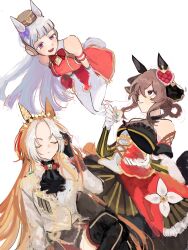  3girls absurdres animal_ears ascot bare_shoulders black_ascot black_dress black_skirt black_thighhighs blush braid braided_hair_rings breasts brown_hair brown_hat closed_eyes closed_mouth commentary dress ear_covers earmuffs forehead gentildonna_(regina_dei_fiori)_(umamusume) gentildonna_(umamusume) gloves gold_ship_(red_strife)_(umamusume) gold_ship_(umamusume) grey_hair hair_rings hat highres horse_ears horse_girl horse_tail jacket large_breasts liliriyaninano long_hair multicolored_hair multiple_girls open_mouth orange_hair orfevre_(control)_(umamusume) orfevre_(umamusume) pantyhose parted_lips pillbox_hat red_dress red_eyes short_hair skirt smile tail thigh-highs two-tone_dress two-tone_hair umamusume very_long_hair white_gloves white_hair white_jacket white_pantyhose 