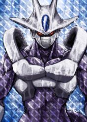  1boy absurdres alien armor blank_eyes blue_background blue_theme colored_sclera colored_skin commentary cooler_(dragon_ball) covered_mouth cropped_torso dragon_ball dragon_ball_z exoskeleton final_form_cooler_(dragon_ball) forehead_jewel glowing glowing_eyes highres male_focus mask matsubara_toshi mouth_mask muscular muscular_male navel no_pupils purple_skin rain red_eyes red_sclera solid_eyes third-party_source untranslatable_commentary wet wet_face white_skin 