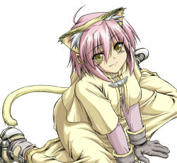  1girl 2000s_(style) acolyte_(ragnarok_online) ahoge animal_ears capelet cat_ears cat_tail closed_mouth commentary_request elehime fake_animal_ears full_body gloves grey_gloves grey_shoes long_sleeves looking_at_viewer pink_hair purple_shirt ragnarok_online shirt shoes short_hair simple_background sitting skirt smile solo tail wariza white_background yellow_capelet yellow_eyes yellow_skirt 