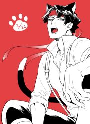  1boy ace_attorney animal_ears arm_on_knee cat_boy cat_day cat_ears cat_tail commentary_request dated floating_headgear headband headgear highres kazuma_asogi looking_to_the_side male_focus mizuno_(iori-amu) open_collar open_mouth pants paw_print popped_collar red_background red_headband short_hair sideways_glance simple_background sitting sleeves_rolled_up solo suspenders tail teeth the_great_ace_attorney tongue very_short_hair 