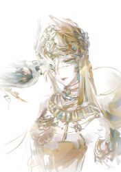  1girl ancient_egyptian_clothes armlet bandaged_head bandages bare_shoulders bird blonde_hair choker circlet closed_mouth commentary_request dress dust-shrouded_crime_(infinity_nikki) expressionless eyeshadow feather_hair_ornament feathers floating_hair gold_armlet gold_choker gold_circlet gold_necklace green_eyes hair_ornament hawk highres infinity_nikki jewelry jintianshigehaotianqine lipstick long_hair looking_at_animal makeup necklace nikki_(series) one_eye_covered red_lips simple_background sleeveless sleeveless_dress solo spaghetti_strap straight_hair upper_body usekh_collar very_long_hair white_background yellow_dress yellow_eyeshadow 