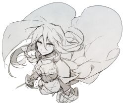  1boy anpolly armor breastplate closed_mouth commentary_request floating_cape floating_hair from_above greyscale hair_between_eyes holding holding_sword holding_weapon long_hair looking_at_viewer male_focus monochrome sekaiju_no_meikyuu sekaiju_no_meikyuu_3 simple_background sketch smile solo sovereign_(sekaiju) sovereign_3_(sekaiju) split sword weapon white_background 
