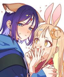  2girls animal_ear_fluff animal_ears averting_eyes blue_eyes blush cho_kaguya-hime! closed_mouth colored_inner_hair commentary_request crescent crescent_hair_ornament fingernails hair_ornament hand_on_another's_shoulder highres kaguya_(cho_kaguya-hime!) kaguya_(tsukuyomi)_(cho_kaguya-hime!) looking_at_another looking_to_the_side loving_aura multicolored_hair multiple_girls nail_polish nose_blush open_mouth pink_nails purple_hair sakayori_iroha sakayori_iroha_(tsukuyomi) short_hair simple_background smile straight_hair sweat tika_yuduki traditional_media white_background yellow_eyes yuri 