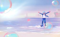  1boy :d absurdres antenna_hair arms_up beach black_jacket black_pants blue_hair closed_eyes collared_shirt colorful_clouds commentary curtained_hair floating_clothes floating_hair full_body happy highres hua_zhi_lun jacket landscape male_focus ocean open_clothes open_jacket outstretched_arms pants scenery sekai_metsubou_kyouyuu_gensou_mamiya shirt short_hair sidelighting smile soap_bubbles solo sparkle standing standing_on_one_leg sunset suou_keito untranslatable_commentary white_shirt 