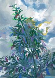  aomidori_iro bamboo blue_sky closed_eyes clouds cloudy_sky commentary_request highres holding holding_tanzaku jirachi no_humans open_mouth outdoors pokemon pokemon_(creature) sky tanzaku 