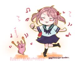  1girl :3 beamed_eighth_notes black_shoes blue_neckerchief blue_sailor_collar blue_skirt closed_eyes commentary_request dancing dated eighth_note facing_viewer full_body hair_bobbles hair_ornament instrument izumiyamisono kantai_collection maracas medium_hair musical_note neckerchief pink_hair pleated_skirt quarter_note rabbit sailor_collar sazanami_(kancolle) shoes skirt smile twintails twitter_username 