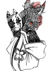  1girl alternate_hairstyle animal_ears blue_archive commentary covering_own_face fingerless_gloves fox_ears fox_girl fox_mask gloves hair_bun highres holding holding_mask japanese_clothes kimono looking_at_viewer mask multicolored_hair orange_eyes red_hair solo two-tone_hair wakamo_(blue_archive) zakuzakukki 