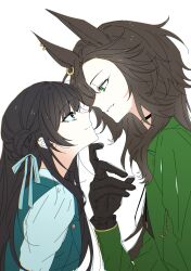  2girls 45_(fjoeps0) animal_ear_piercing black_choker black_gloves black_hair blue_eyes blue_ribbon brown_hair choker commentary_request commission crepe_commission drawstring eye_contact female_trainer_(umamusume) from_side gloves green_eyes green_jacket grin hair_bun hand_on_another's_chin hand_up highres jacket korean_commentary long_hair looking_at_another multiple_girls oc_x_canon original ribbon shirt simple_background smile speed_symboli_(umamusume) trainer_(umamusume) transparent_background umamusume upper_body white_background yuri 