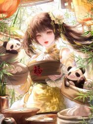  1girl bamboo bamboo_steamer barrel brown_eyes brown_hair chinese_clothes dress flower hair_ornament hanfu highres holding_barrel lantern long_hair looking_at_viewer looking_at_vieweryiyi original panda red_lips solo twintails yellow_dress yiyi 