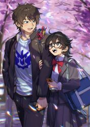 1boy 1girl bag banjou_ryuuga black_hair blush bow bracelet brown_eyes brown_hair collared_shirt commission glasses great_cross-z_dragon hand_in_pocket hand_on_another's_arm height_difference highres holding holding_phone jewelry kamen_rider kamen_rider_build_(series) long_sleeves looking_at_another momijiyama_teru nia_(nia4294) open_mouth phone pleated_skirt red_bow second-party_source shirt shoulder_bag shy_(series) skirt smile