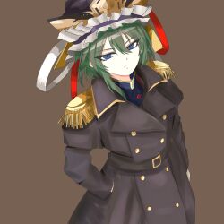  1girl alternate_costume asymmetrical_hair belt belt_buckle black_belt black_hat blue_eyes blue_vest brown_background buckle buttons closed_mouth coat commentary_request cowboy_shot dot_nose double-breasted dubra epaulettes frilled_hat frills frown glaring green_hair grey_coat hair_between_eyes hands_in_pockets hat hat_ribbon long_sleeves looking_at_viewer medium_hair red_ribbon ribbon shiki_eiki simple_background solo split_mouth standing touhou vest white_ribbon 