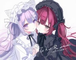  2girls bao13xx black_dress black_eyes black_headdress bow braid commentary_request dress frilled_dress frills holding_hands hug looking_at_viewer multiple_girls neck_ribbon original purple_hair red_hair ribbon violet_eyes white_dress white_headdress 