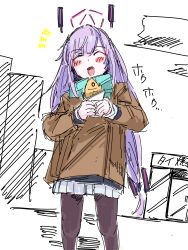  1girl :d ^_^ absurdres alternate_costume blue_archive blush blush_stickers brown_jacket building closed_eyes commentary_request cropped_legs facing_viewer feet_out_of_frame floating_headgear food halo headgear highres holding holding_food jacket long_hair long_sleeves miniskirt miyuki_(utahalove0329) open_mouth outdoors pantyhose pink_halo pleated_skirt purple_hair scarf sketch skirt smile solo standing taiyaki utaha_(blue_archive) very_long_hair wagashi white_skirt winter_clothes 