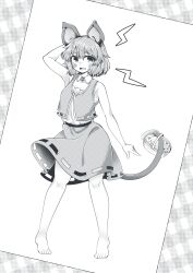  0-den 1girl absurdres animal_ears barefoot basket blush commentary_request full_body greyscale highres holding holding_with_tail jewelry looking_at_viewer lotus_eaters monochrome mouse_(animal) mouse_ears mouse_girl mouse_tail nazrin necklace official_alternate_costume open_mouth pendant prehensile_tail shirt short_hair skirt smile solo tail toes touhou vest 