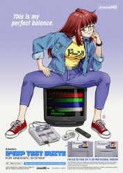  1990s_(style) 1girl black-framed_eyewear blue_jacket blue_pants breasts commentary controller converse denim denim_jacket donna_bright english_commentary english_text full_body game_cartridge game_console game_controller glasses hand_on_own_leg jacket jeans jose_salot large_breasts long_hair original pants promotional_art red_hair red_shoes remote_control retro_artstyle shirt shoes sitting smile solo sony spread_legs super_nintendo super_nintendo_controller television watch watch yellow_eyes yellow_shirt 