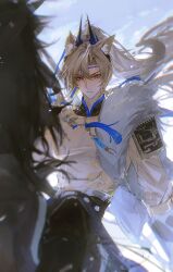  1boy absurdres animal_ears aoma_(xuanzexuexi) argent_flow_(arknights) arknights arknights:_endfield armor beads black_horse blonde_hair chinese_commentary commentary_request curtained_hair floating_hair fur_(clothing) hair_beads hair_ornament high_ponytail highres horse_ears horseback_riding long_hair looking_at_viewer male_focus mandarin_collar mole mole_on_cheek parted_bangs pauldrons ponytail red_eyes riding serious shoulder_armor solo tassel tassel_hair_ornament xiao_guan_(headdress) 