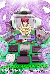  1girl arcade_cabinet arcade_stick breasts clothes_writing commentary controller converse crt donna_bright english_commentary english_text full_body game_console game_controller glasses highres indian_style jose_salot joystick lapels large_breasts neo_geo_aes nintendo_switch orange_eyes original playing_games playing_video_games playstation_1 playstation_2 playstation_3 promotional_art red_hair red_shoes second-party_source sega_dreamcast sega_saturn shoes sitting smile solo television tentacles toolbox watch watch web_address 