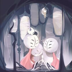  aged_down arthropod_girl black_eyes black_skin bug butterfly cloak colored_skin extra_eyes extra_legs full_body hollow_knight hollow_knight:_silksong horned_mask hornet_(hollow_knight) horns indoors lelegular looking_at_another mask on_head person_on_head red_cloak silk sitting sleeping spindle weaver_(hollow_knight) white_mask 