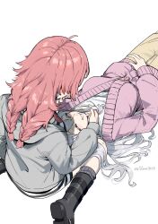  2girls ahoge bang_dream! bang_dream!_yumemita blush braid closed_eyes facing_another grey_hair grin guagua977 highres lap_pillow long_hair long_sleeves lying miyanaga_nonoka miyanaga_nonoka_(real) multiple_girls on_back red_hair sengoku_yuno sengoku_yuno_(real) simple_background sitting smile twin_braids wariza white_background yuri 