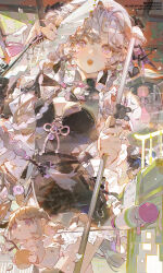  1girl black_dress black_thighhighs braid commentary commission cowboy_shot curtained_hair dress frills hand_fan highres holding holding_fan holding_stick long_hair looking_ahead nail_polish open_mouth original pink_ribbon purple_hair ribbon signature stick thigh-highs untranslatable_commentary very_long_hair white_hair yeej_chan 