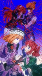  2girls arm_tattoo aunt_and_niece black_bow black_bowtie black_gloves black_hat black_jacket blue_eyes blurry bow bowtie capelet censored censored_identity chinese_clothes commentary depth_of_field dress elbow_gloves eva_beatrice flower four-pointed_star gloves green_dress hair_bobbles hair_bun hair_ornament hat highres holding_hands i70936976 jacket long_hair looking_at_amother multiple_girls open_mouth orange_hair pink_bow pink_bowtie profile purple_capelet purple_dress qipao red_bow red_flower red_hair red_rose rose scribble_censor short_hair short_twintails sidelocks silk skirt smile spider_web spoilers tattoo twintails umineko_no_naku_koro_ni untranslatable_commentary ushiromiya_ange ushiromiya_ange_(young) ushiromiya_eva white_skirt 