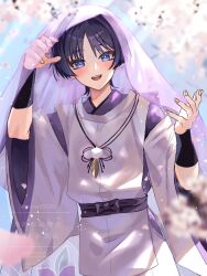  1boy armor black_hair blue_sky blunt_ends blush bow clothing_cutout clouds cloudy_sky commentary eyeliner eyeshadow falling_petals feathers fingernails genshin_impact hands_up highres hip_vent holding_veil japanese_armor japanese_clothes kariginu kimono kote kurokote layered_kimono leaf_print looking_at_viewer makeup male_focus open_hand open_mouth outdoors parted_bangs pelvic_curtain petals pink_petals pom_pom_(clothes) purple_bow purple_kimono purple_sash purple_sleeves purple_veil red_eyeliner red_eyeshadow revision sash scaramouche_(genshin_impact) scaramouche_(kabukimono)_(genshin_impact) shoulder_cutout sky snow20200 solo string teeth twitter_username upper_teeth_only veil violet_eyes watermark white_sleeves wide_sleeves yellow_feathers 