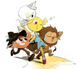  2boys 2girls animal_ears antlers arrcticc_fish carrie_krueger cat_boy colored_skin commentary darwin_watterson english_commentary gumball_watterson highres horns lion_ears looking_at_viewer multiple_boys multiple_girls open_mouth penny_fitzgerald shirt simple_background smile the_amazing_world_of_gumball the_wizard_of_oz 