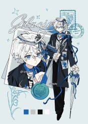  1boy black_coat black_pants blue_eyes coat color_guide flower full_body haimian_fang_kuku highres holding holding_umbrella jewelry long_sleeves multiple_views necklace original pants pearl_necklace smile umbrella white_hair 