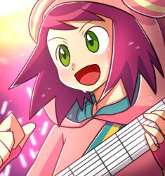  1girl :d commentary_request ebimpawa english_commentary fingerless_gloves gloves green_eyes guitar holding holding_guitar holding_instrument hood hood_up hoodie instrument mega_man_(series) mega_man_star_force_(series) mixed-language_commentary open_mouth pink_gloves pink_hoodie red_hair short_hair smile solo sonia_strumm_(mega_man) sweat upper_body 