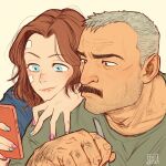  1boy 1girl aaron_gruber_(o_natsuo88) arm_hair bandaid bandaid_on_cheek bandaid_on_face bandaid_on_head beard_stubble blue_eyes cellphone chewing eating facial_hair grey_hair highres holding holding_phone lip_cut looking_at_phone madison_(o_natsuo88) mature_male medium_hair multicolored_nails mustache o_natsuo88 old old_man on_shoulder original phone receding_hairline redhead scar scar_on_cheek scar_on_face shirt short_hair smartphone thick_eyebrows thick_mustache upper_body wavy_hair wrinkled_skin yellow_background 