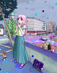  1girl ace_akira aqua_skirt bag blue_bag building car commentary_request crosswalk doughnut food grey_sky highres jaggy_lines long_hair long_skirt motor_vehicle neckerchief on_roof open_mouth original overcast paper_bag pink_hair pleated_skirt purple_shoes real_world_location rooftop school_uniform serafuku shirt shoes skirt sky solo standing stuffed_toy tareme traffic_light tree white_shirt yellow_neckerchief 
