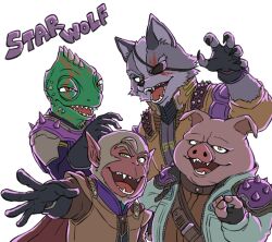  4boys andrew_oikonny animal_ears chameleon_boy claws commentary_request eyepatch fangs furry furry_male gloves grey_fur jacket leon_powalski looking_at_viewer male_focus mito_31_31 monkey_boy multiple_boys open_mouth pig_boy pig_ears pig_nose pigma_dengar smile star_fox star_fox_(2026) white_background wolf_boy wolf_ears wolf_o'donnell 