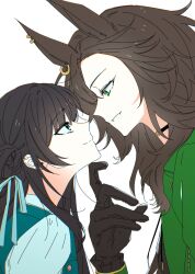  2girls 45_(fjoeps0) animal_ear_piercing black_choker black_gloves black_hair blue_eyes blue_ribbon brown_hair choker commentary_request commission crepe_commission drawstring eye_contact female_trainer_(umamusume) from_side gloves green_eyes green_jacket grin hair_bun hand_on_another's_chin hand_up highres jacket korean_commentary long_hair looking_at_another multiple_girls oc_x_canon original ribbon second-party_source shirt simple_background smile speed_symboli_(umamusume) trainer_(umamusume) umamusume upper_body white_background yuri 