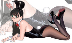  1girl animal_ears black_hair black_leotard black_pantyhose black_shoes blunt_bangs bow detached_collar fake_animal_ears fake_tail glasses green_eyes high_heels highres kantai_collection legs_up leotard long_hair looking_at_viewer lying ojipon on_stomach ooyodo_(kancolle) pantyhose playboy_bunny rabbit_ears rabbit_tail red_bow shoes smile solo solo_focus tail watermark white_background white_wrist_cuffs wrist_cuffs 