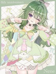  1girl blush border bow collarbone commentary cowboy_shot dress drop_shadow english_text fingers_to_cheeks frills fur_choker green_border green_dress green_hair grid_background hair_between_eyes hair_bow hair_flaps hands_up head_tilt highres hito_tsumugi_royal_circus_(project_sekai) index_fingers_raised kusanagi_nene long_hair long_sidelocks long_sleeves looking_at_viewer low-tied_sidelocks multicolored_bow official_alternate_color official_alternate_costume one_eye_closed parted_lips project_sekai rea_0523 side_cape sidelocks simple_background smile solo violet_eyes wavy_hair white_background 